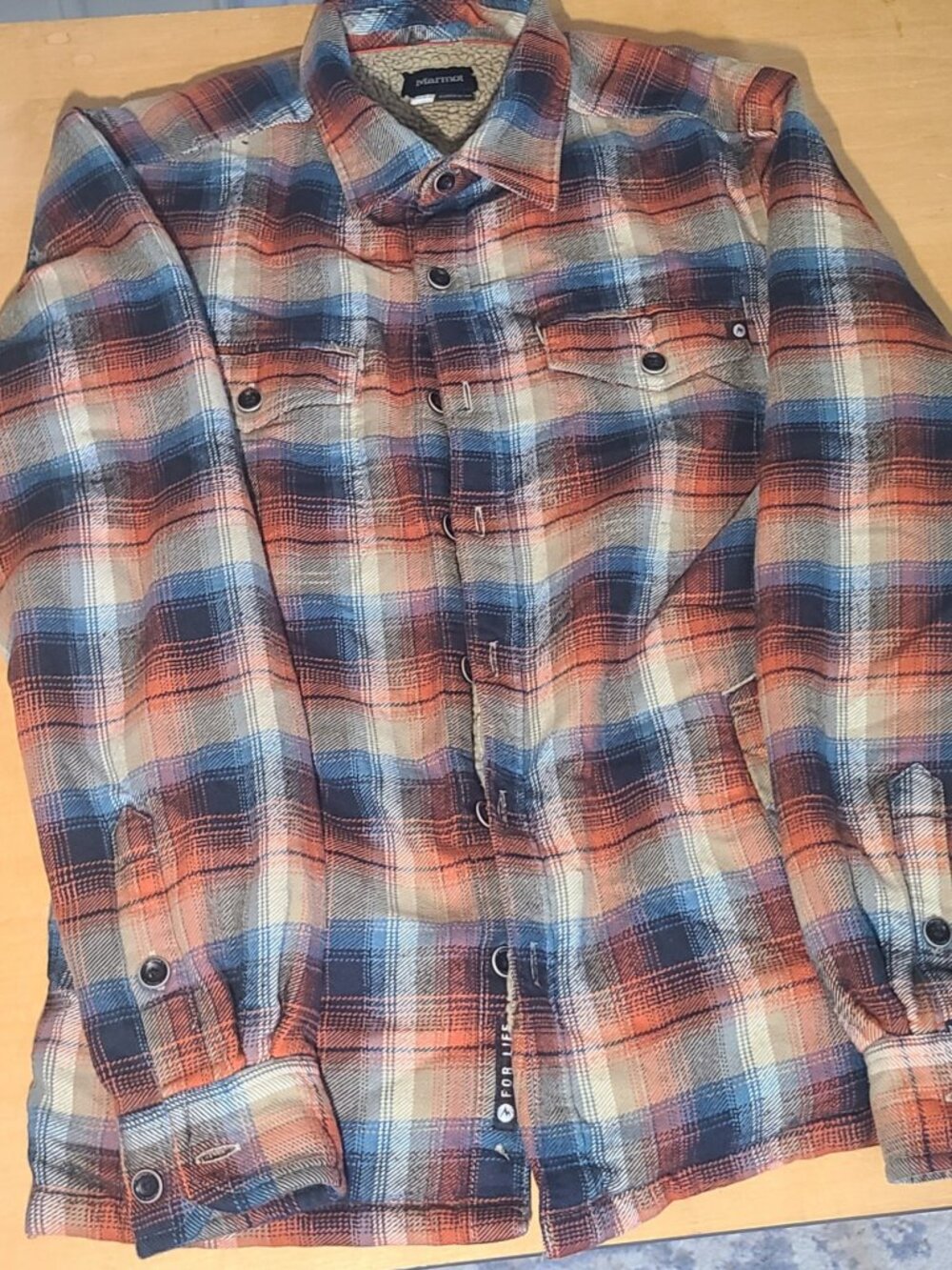 Marmot Sherpa Lined Plaid Flannel Shirt Orange Blue Mens S